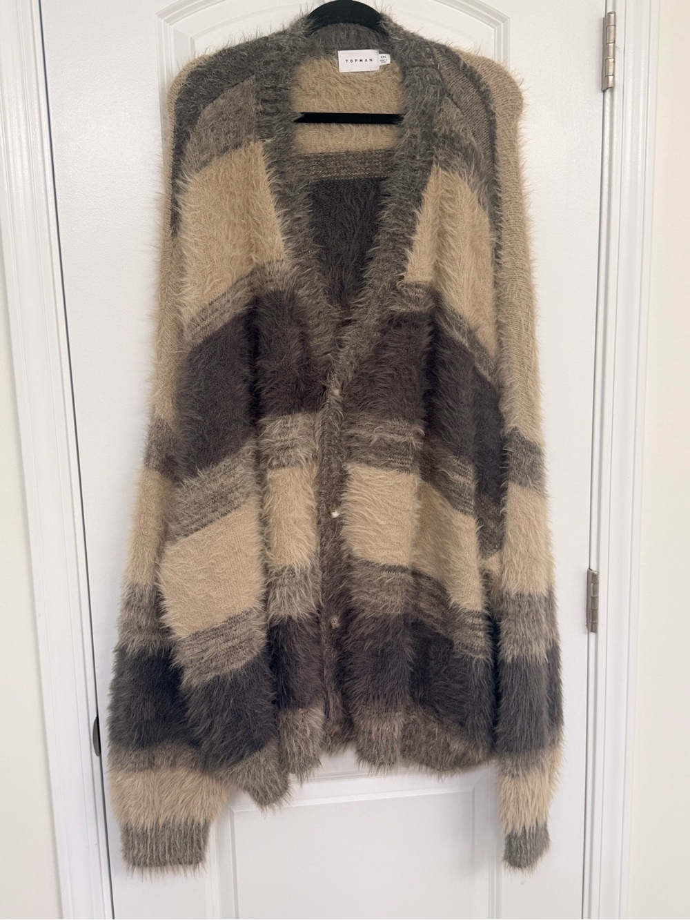 Topman Men's Fuzzy Striped Cardigan in Gray and Cream - Picture 10 of 11